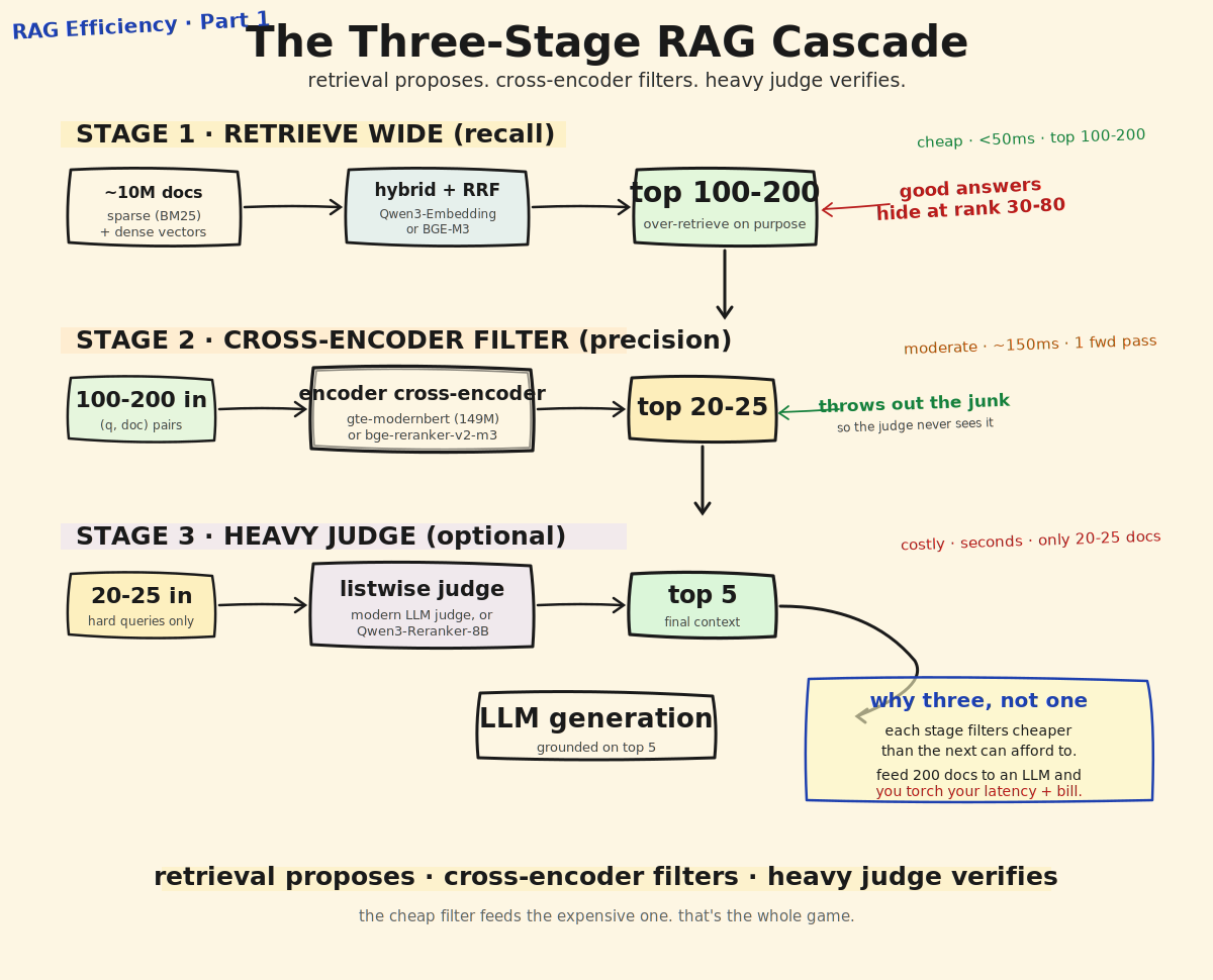 The three-stage RAG cascade: retrieve wide, filter with a cross-encoder, and optionally verify with a heavy judge